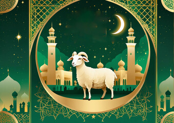 Elegant Islamic Calligraphy Art Featuring Mosque and Crescent Moon