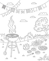 Black and white illustration of a barbecue scene with grilling food and decorative bunting perfect for 4th of july celebrations.