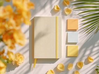 Soft Yellow Aesthetic with Flowers and Journal