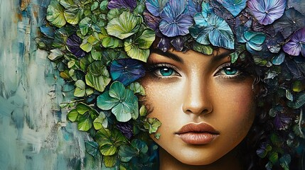 Woman adorned with lush greenery poses gracefully natural elegance calm for enchanted flora harmony and beauty in botanical portrait concept.