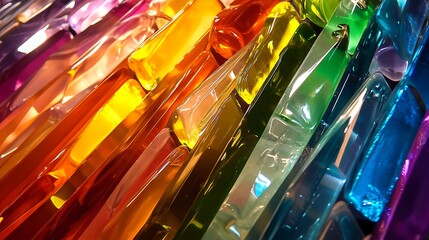 Colored glass fragments shimmer brightly with creating vibrant spectrum and kaleidoscope patterns for artistic display capturing light play and vivid color concept.