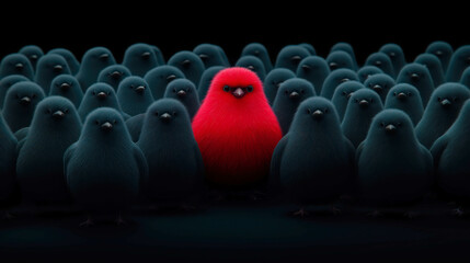 A red bird stands out among the gray birds, symbolizing the concept of standing apart from your crowd or group and making an impression on people.