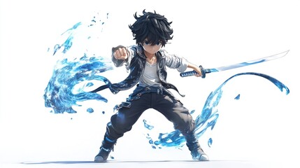 A stylized young male character, dark hair, light clothing, wielding a katana, surrounded by swirling blue water effects, dynamic pose