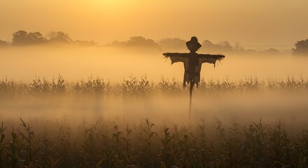 Scarecrow in a cornfield at dusk with fog