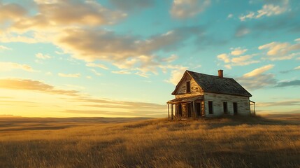 A solitary, weathered farmhouse stands in a vast field under a colorful sunset sky.