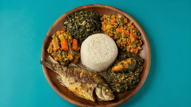 Fish rice and vegetables on wooden plate