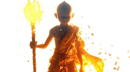 A young, bald monk, clad in ochre robes, holds a burning torch.  His form partially dissolves into fiery particles against a bright white backdrop; a powerful, mystical image