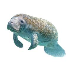 Manatee swimming gracefully in clear water with sun rays filtering through, showcasing underwater life