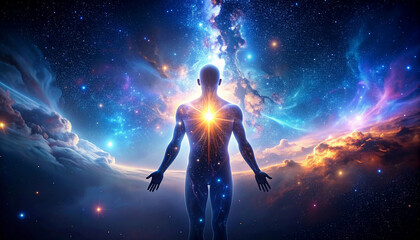 Naklejka premium Celestial Being: An ethereal figure radiates energy, merging with a vibrant cosmic tapestry, expressing the profound connection between humanity and the vast universe.