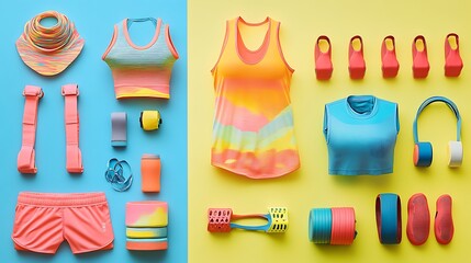 Fitness apparel and accessories arranged brightly with displaying vibrant colors and styles for flat lay capturing energetic activewear and modern workout concept.