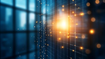 Futuristic Data Network Grid Glowing Blue Lines and Orange Particles for Advanced Technology and Business Concepts.