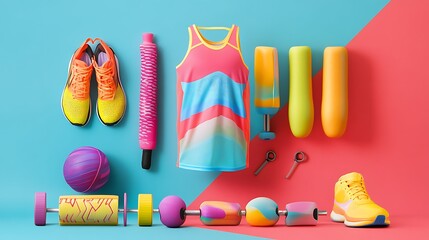 Colorful fitness gear arranged neatly with showcasing vibrant sport equipment and apparel for flat lay capturing energy and active lifestyle in dynamic workout concept.