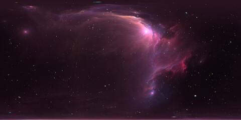 360 degree space nebula. Giant interstellar cloud with stars, equirectangular projection, environment map. Spherical panorama. 3D rendering, Fractal image