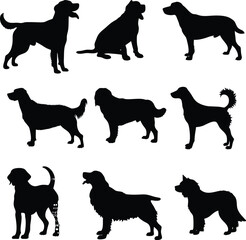 Nine Dog Breed Silhouettes Collection Black and White