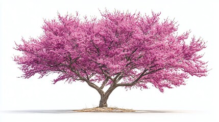 Blossoming Tree: A solitary tree stands in full bloom, its canopy overflowing with vibrant pink flowers against a clean, minimalist white background.