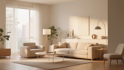 Modern living room with simple furniture, bathed in natural light. Minimalist elegance in a serene home space.