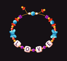 Beaded friendship bracelet with colorful beads and lettered cubes spelling LOVE, cartoon style on dark background. Concept of affection and handmade craft. Vector illustration