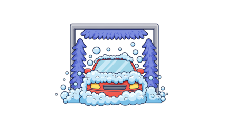 Red car in carwash covered in soap