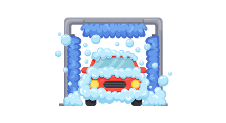 Red car in carwash with soap and brush