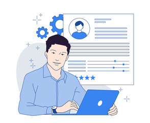 A man using a laptop while working on a resume, with profile and rating elements in the background, in a flat graphic style on a white background. Concept of job application. Vector illustration