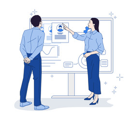 Office professionals analyzing candidate profiles on large screen with charts and documents, in flat graphic style, on white background. Concept of recruitment, human resources. Vector illustration