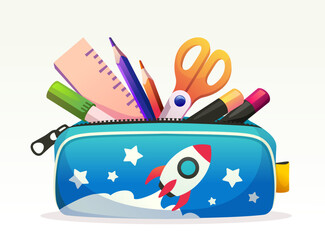 Colorful pencil case filled with various school supplies like scissors, pens, pencils, and a ruler, cartoon style on a white background. Vector illustration