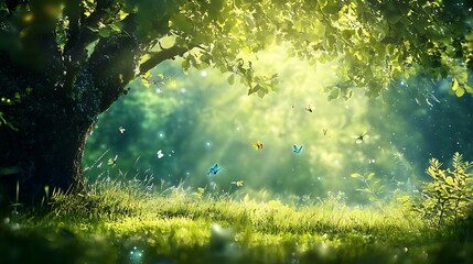 Forest shimmers softly with blooming flowers and gentle light for enchanted spring day capturing magic and renewal in whimsical nature concept.