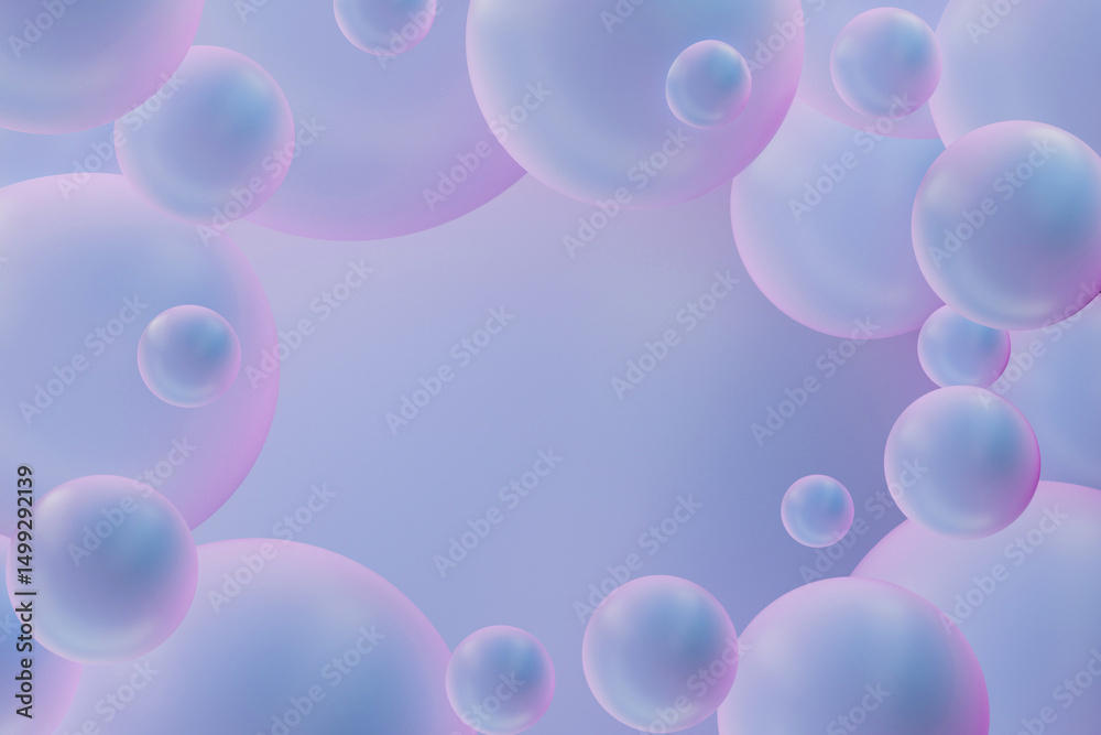 Poster Modern abstract art background with blue pink spheres as blank frame for text and soft focus in tranquil background setting for decor. Copy space. 3D rendering. Fluid and calm abstract pattern.