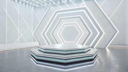 A bright white stage with hexagonal patterns and lights in a modern futuristic design concept