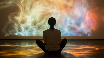 Woman meditates calmly with illuminated focus and stillness for abstract nebula projection capturing inner peace and cosmic connection in surreal mindfulness concept.