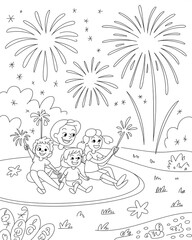 Family celebrates independence day fireworks display with sparklers and joy in a fun illustration