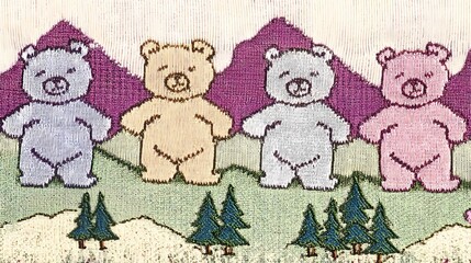 Fototapeta premium Warm knitted background with cute bear embroidery, suitable for baby blankets, infant clothing designs, and soft fabric product mockups.