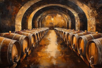 Wine cellar, aged barrels, long rows