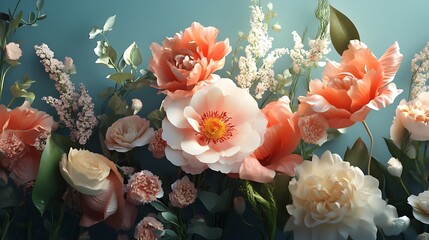Peach cream blooms arranged artfully with contrasting teal background and soft tones for floral symphony capturing elegance and harmony in captivating botanical concept.