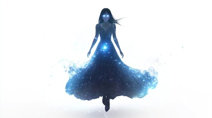 A mystical woman levitates, her dark gown shimmering with celestial blue energy, a cosmic essence flowing from her dress.  Her eyes glow with otherworldly light, hair blowing in an unseen wind