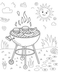 Bbq grill illustration with burgers and sausages sun smiling clouds summer time coloring page for children fourth of july concept