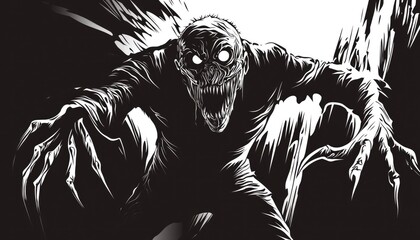 Monochrome illustration of a monstrous figure.