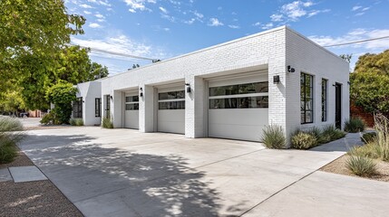 Modern exterior showcasing a white brick building with three garage doors, surrounded by lush greenery and a concrete driveway under a blue sky.