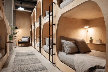Unique Hostel Dormitory with Wooden Bunk Beds, Ladder Access, Minimalist Interior, Provides Economical Accommodation