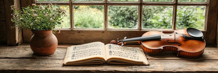 Rustic windowsill with violin, music book, and wildflowers