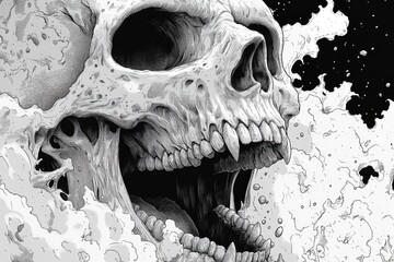 Detailed grayscale illustration of an open-mouthed skull.