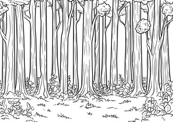 Wektorowy rysunek lasu z drzewami i roślinnością, styl konturowy dla kolorowania.