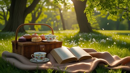 A picnic basket filled with apples and wine on the grass, perfect for enjoying food in nature