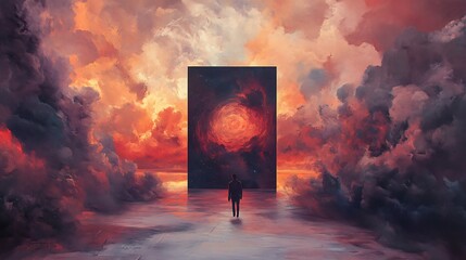 Solitary figure contemplates quietly with facing celestial portal and swirling skies for surreal scene capturing mystery and transcendence in dramatic atmospheric concept.