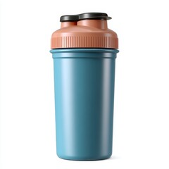 Innovative Protein Shaker Bottle with Dual Snap-on Compartments in Icy Blue and Coral, Side Locking Clips for Fitness and Sports, Photorealistic Design on White Background