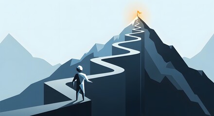 Person at the Base of a Mountain with Winding Path Leading to Glowing Summit