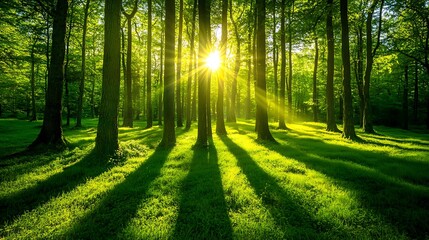 A serene forest scene with sunlight streaming through trees, casting shadows on lush grass.