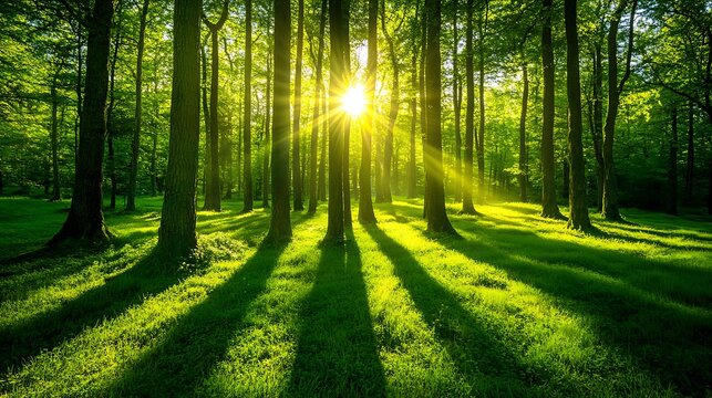 A serene forest scene with sunlight streaming through trees, casting shadows on lush grass.