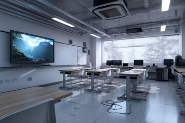 Empty Classroom Interior with Desks, Whiteboard, and Mountain Scene Displayed on a Screen, Modern Interior