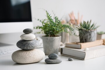 Balanced zen stone tower, potted plants, books on white desk surface creating calm, serene, peaceful workspace ambience